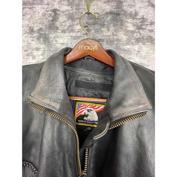 Vtg Name of Quality Products Leather Men L/XL Black Motorcycle Jacket Eagle Tag